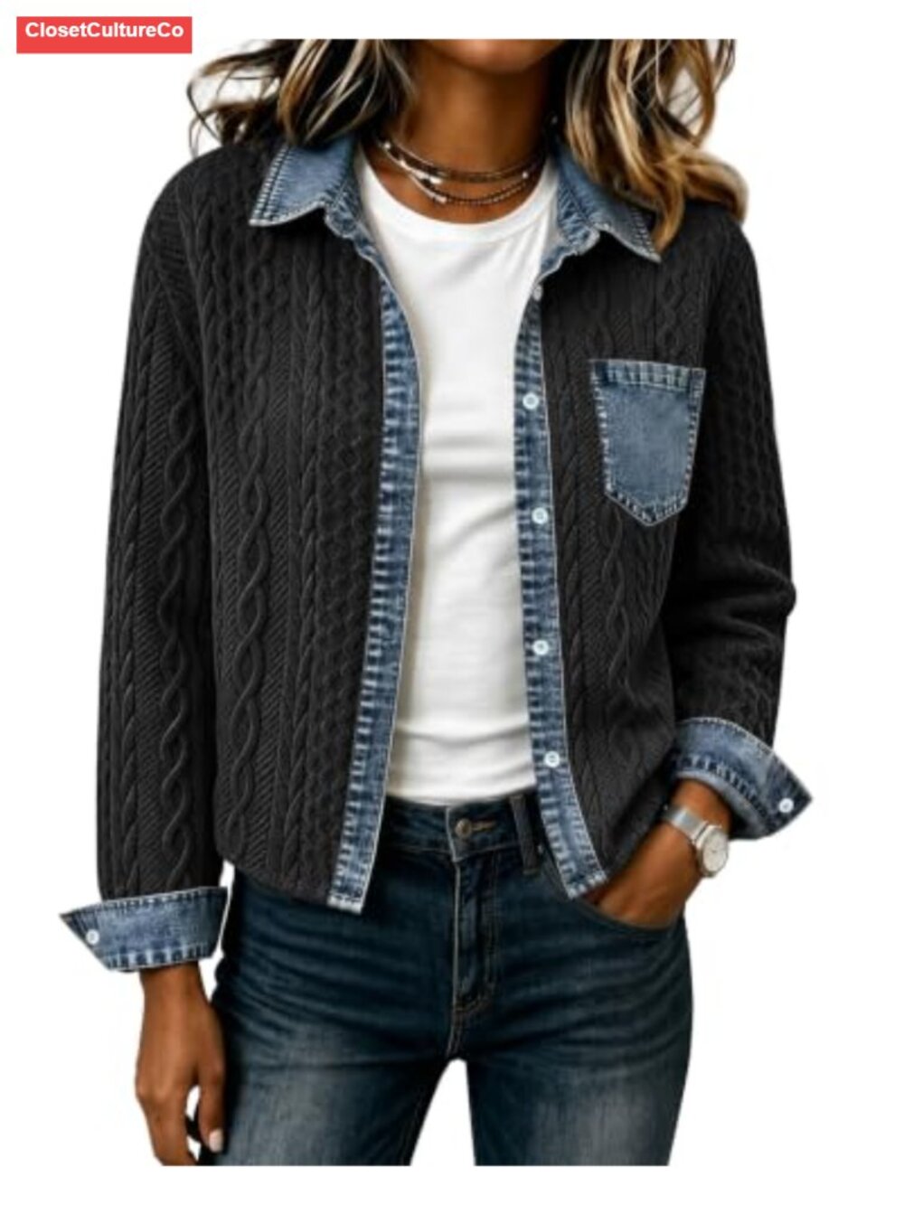 Cropped Collared Bomber Jacket Cable Knit Shacket Button